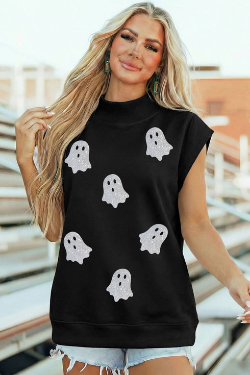 Glitter Ghost Print High Neck Graphic Tank Top
