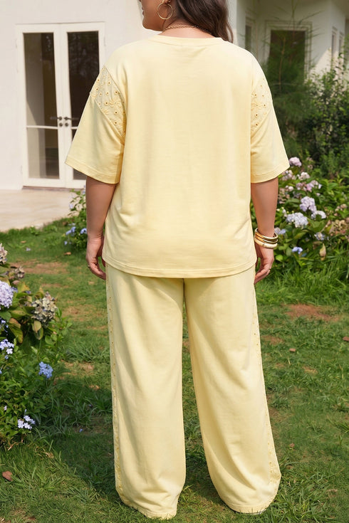 Eyelet Lace Panel Accent Two Piece Loungewear