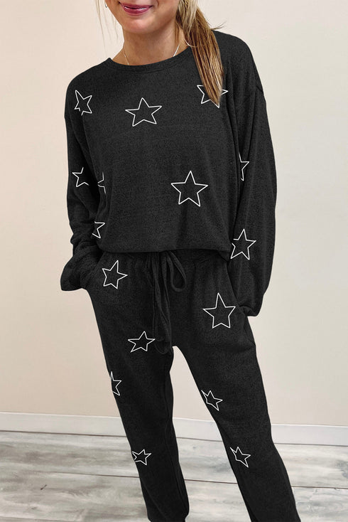 Star Print Long Sleeve Drawstring High Waist Pant Set