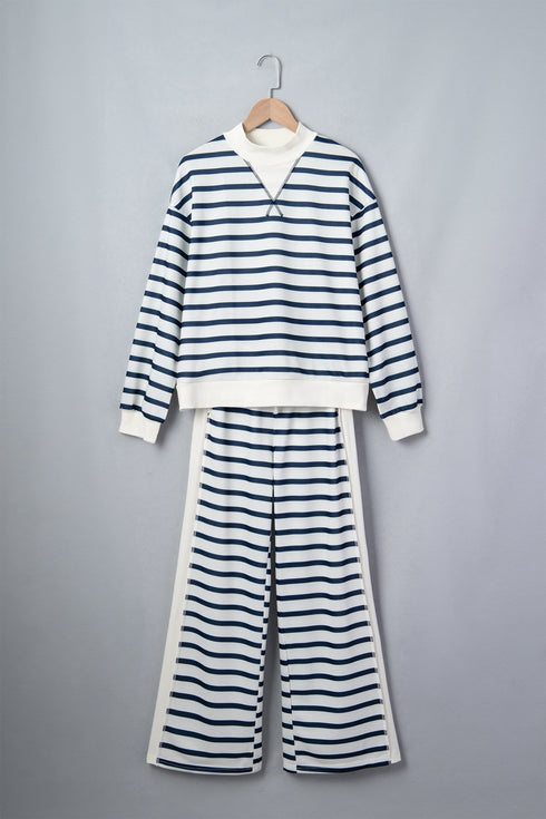 Striped Ribbed Cuff Collar Pocket Loose Pant Set