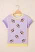 Striped Trim Sequin Rugby Graphic Sporty Casual Tee