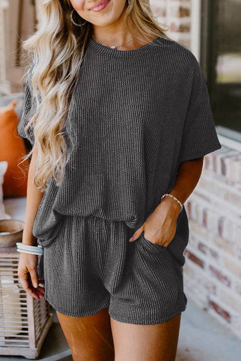 Corded Ribbed Knit Loose Fit Tee And Short Set