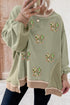 Polyester Sequin Bow Patchwork Waffle Loose Sweatshirt