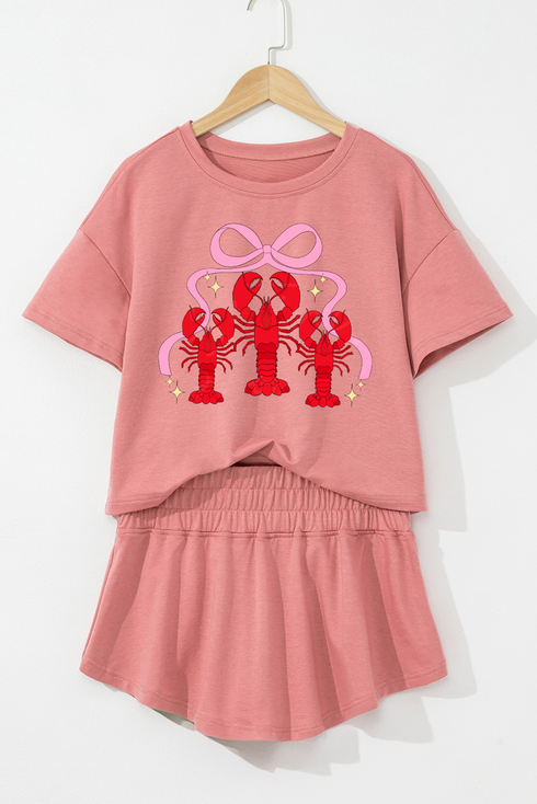 Bow Crawfish Print T Shirt High Waist Skort Graphic Set