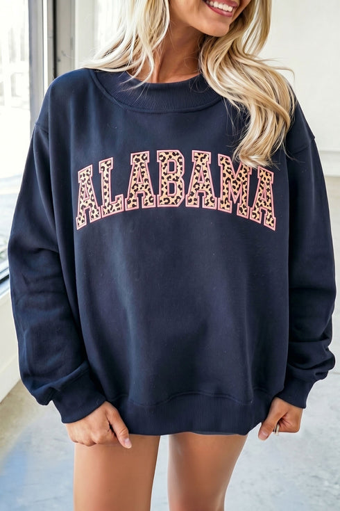 Embroidered Leopard Alabama Mock Neck Long Sleeve Tunic Sweatshirt