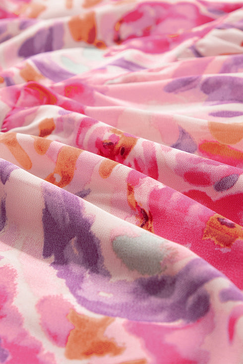 Abstract Floral Shirred One Shoulder Maxi Dress