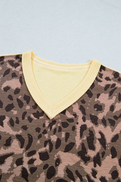 Leopard Print Long Sleeve V Neck Wide Leg Pant Set