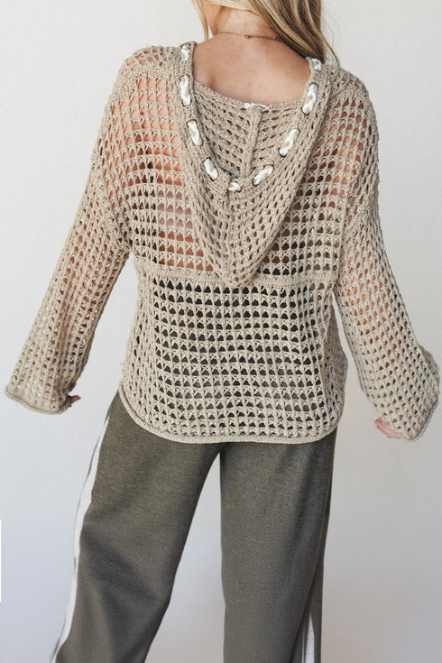 Acrylic Star Pattern Crochet Hooded Drawstring Sweater