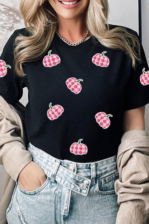 Sequin Plaid Pumpkin Graphic Round Neck Sweatshirt