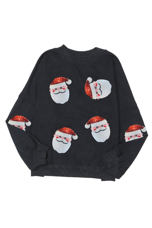 Distressed Wash Sequin Santa Graphic Crew Neck Sweatshirt