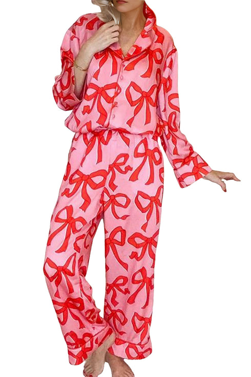 Bow Print Long Sleeve Wide Leg Sleepwear