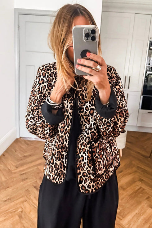 Leopard Print Quilted Button Front Patch Pockets Jacket