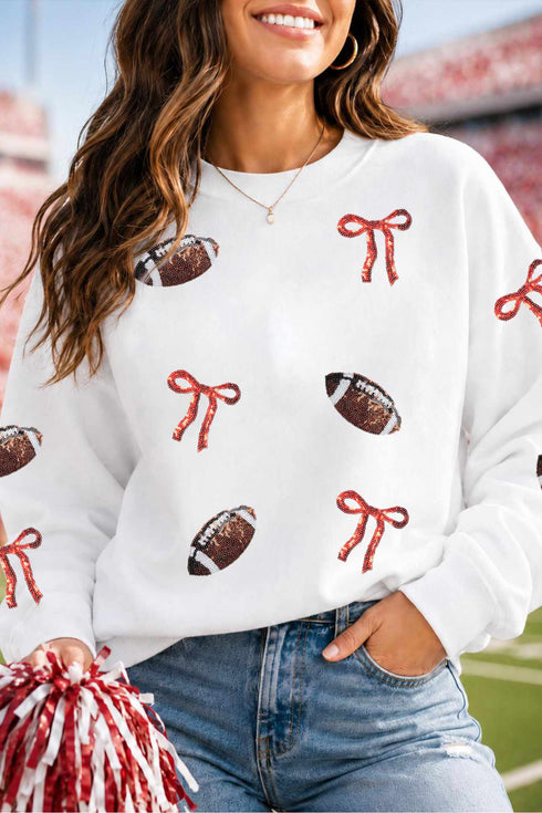 Polyester Sequin Rugby Bow Graphic Pullover Sweatshirt