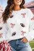 Polyester Sequin Rugby Bow Graphic Pullover Sweatshirt