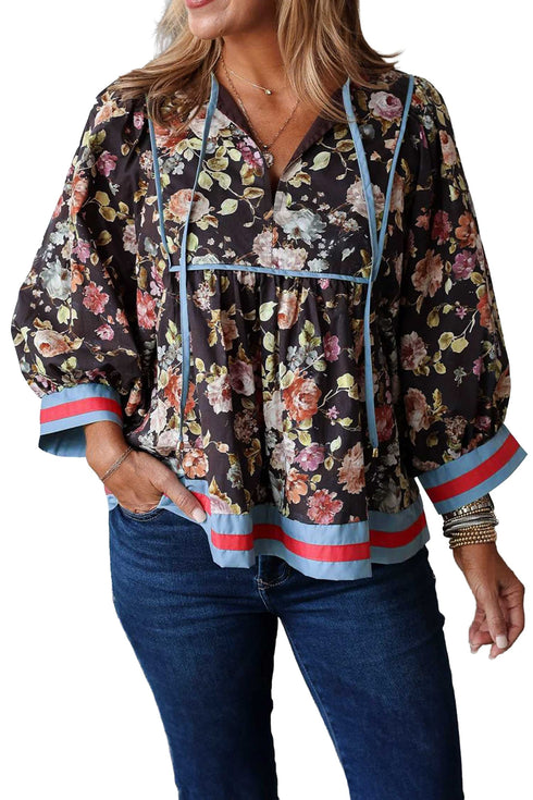 Floral Tie V Neck Bracelet Sleeve Cotton Blouse