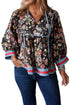 Floral Tie V Neck Bracelet Sleeve Cotton Blouse