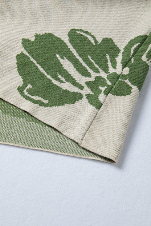 Abstract Botanical Print Boat Neck Knit Pullover Sweater