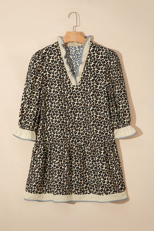 Leopard Print Contrast Trim Bracelet Sleeve Mini Dress