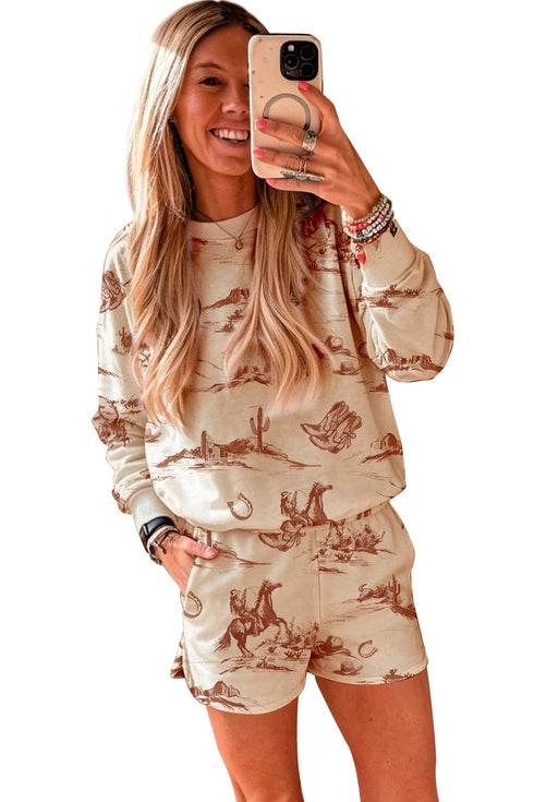 Western Graphic Loose Fit Long Sleeve Coordinated Short Set