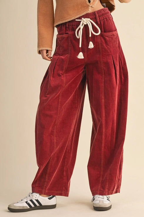 Polyester Racing Elastic Waist Drawstring Corduroy Pants