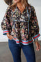 Floral Tie V Neck Bracelet Sleeve Cotton Blouse