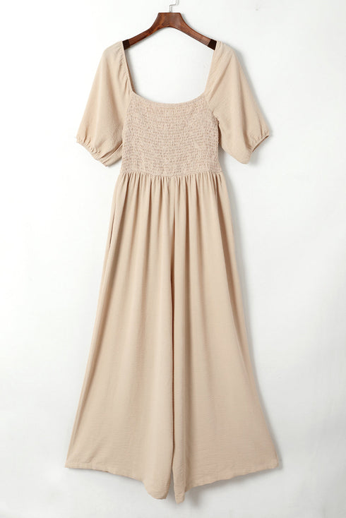 Solid Short Bubble Sleeve Smocked Wide Leg Jumpsuit