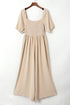 Solid Short Bubble Sleeve Smocked Wide Leg Jumpsuit
