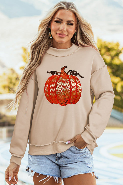 Sequined Pumpkin Graphic High Neck Baggy Sweatshirt