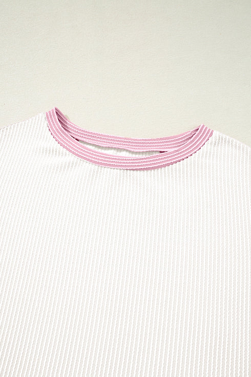 Corded Fabric Blocked Print Casual Crewneck Tee
