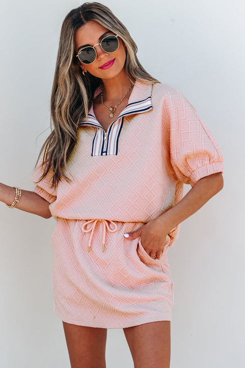 Textured Striped Collared Zip Up Two Piece Dress