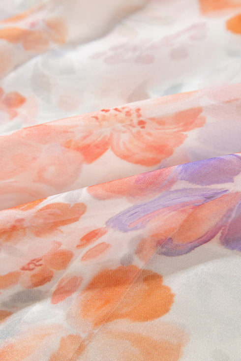 Abstract Floral Balloon Sleeve Button Down Blouse