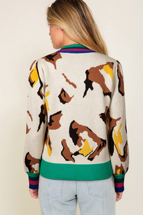Abstract Animal Pattern Contrast Trim Knit Sweater