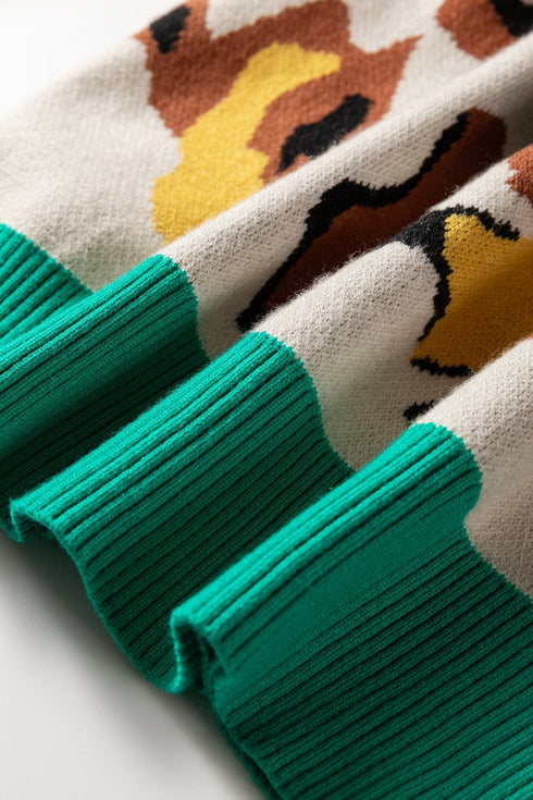 Abstract Animal Pattern Contrast Trim Knit Sweater