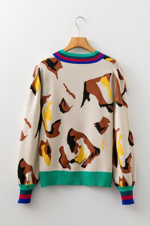 Abstract Animal Pattern Contrast Trim Knit Sweater