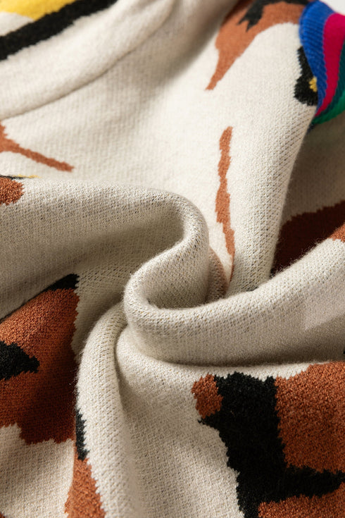 Abstract Animal Pattern Contrast Trim Knit Sweater