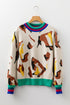 Abstract Animal Pattern Contrast Trim Knit Sweater