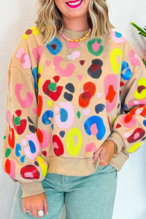 Abstract Animal Print Balloon Sleeve Crew Neck Sweatshirt