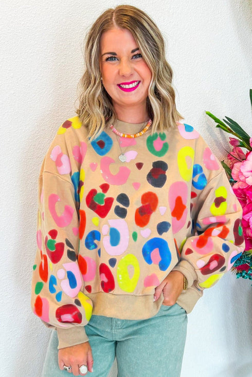 Abstract Animal Print Balloon Sleeve Crew Neck Sweatshirt