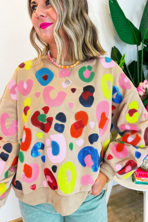 Abstract Animal Print Balloon Sleeve Crew Neck Sweatshirt
