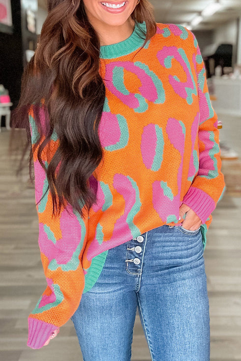 Abstract Animal Print Crew Neck Knit Sweater