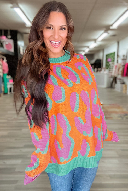 Abstract Animal Print Crew Neck Knit Sweater