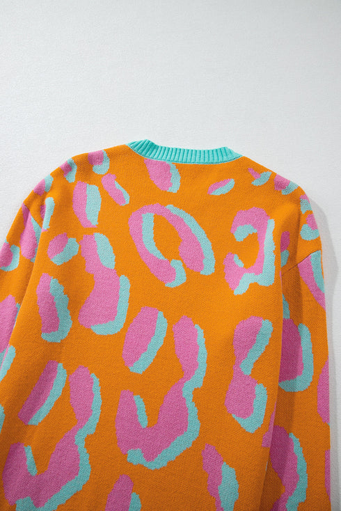 Abstract Animal Print Crew Neck Knit Sweater