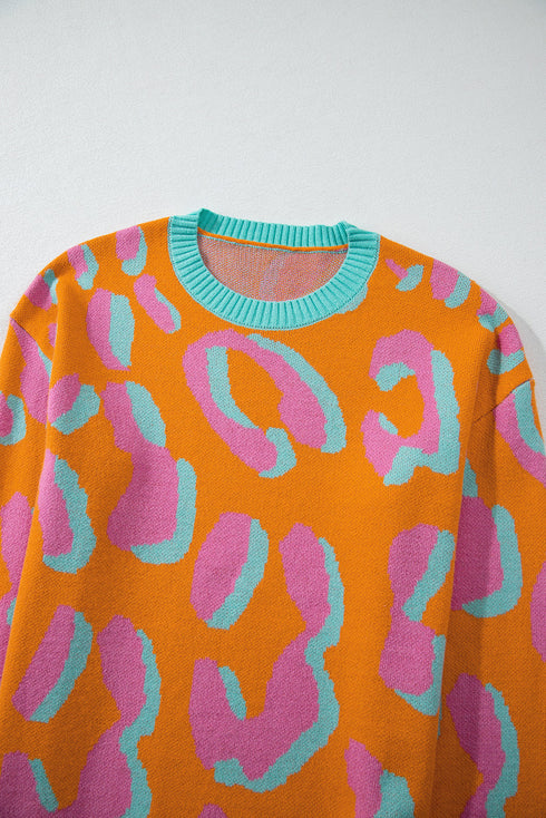 Abstract Animal Print Crew Neck Knit Sweater