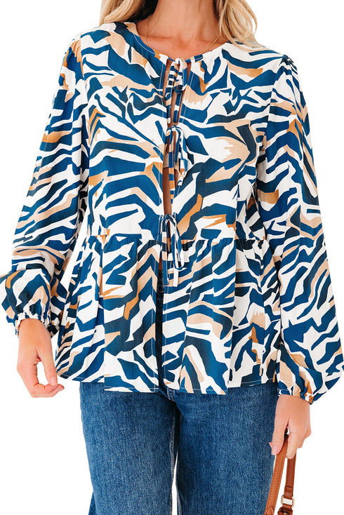 Abstract Animal Print Puff Sleeve Tie Front Blouse