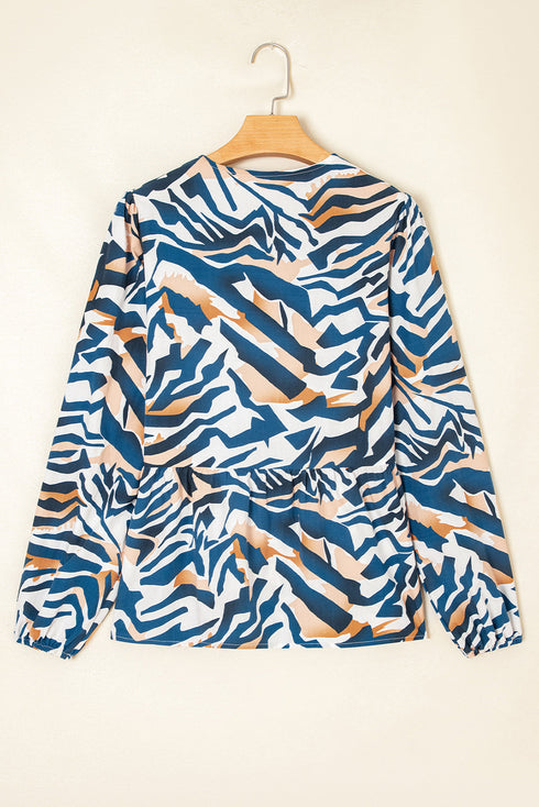 Abstract Animal Print Puff Sleeve Tie Front Blouse