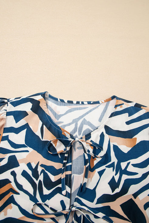 Abstract Animal Print Puff Sleeve Tie Front Blouse