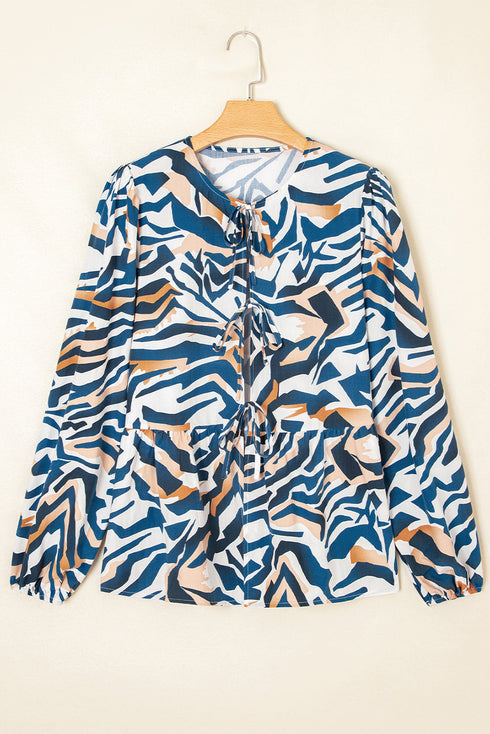 Abstract Animal Print Puff Sleeve Tie Front Blouse