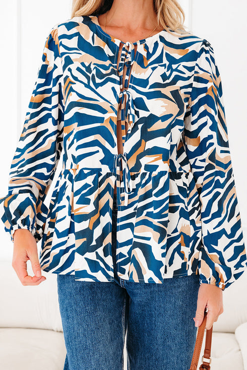 Abstract Animal Print Puff Sleeve Tie Front Blouse