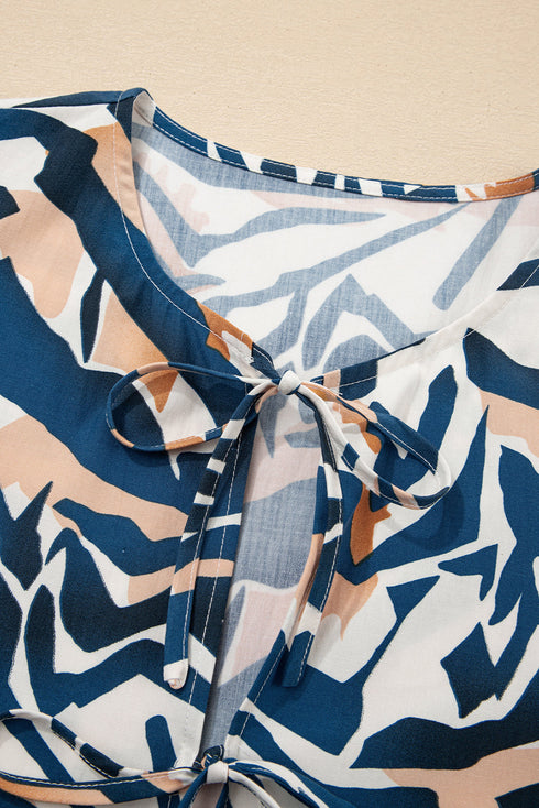 Abstract Animal Print Puff Sleeve Tie Front Blouse