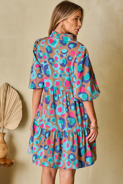 Abstract Animal Print Puff Sleeve Tiered Dress